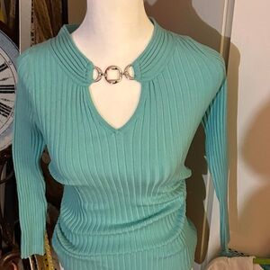 Cache Teal V-Neck Ribbed Sweater
